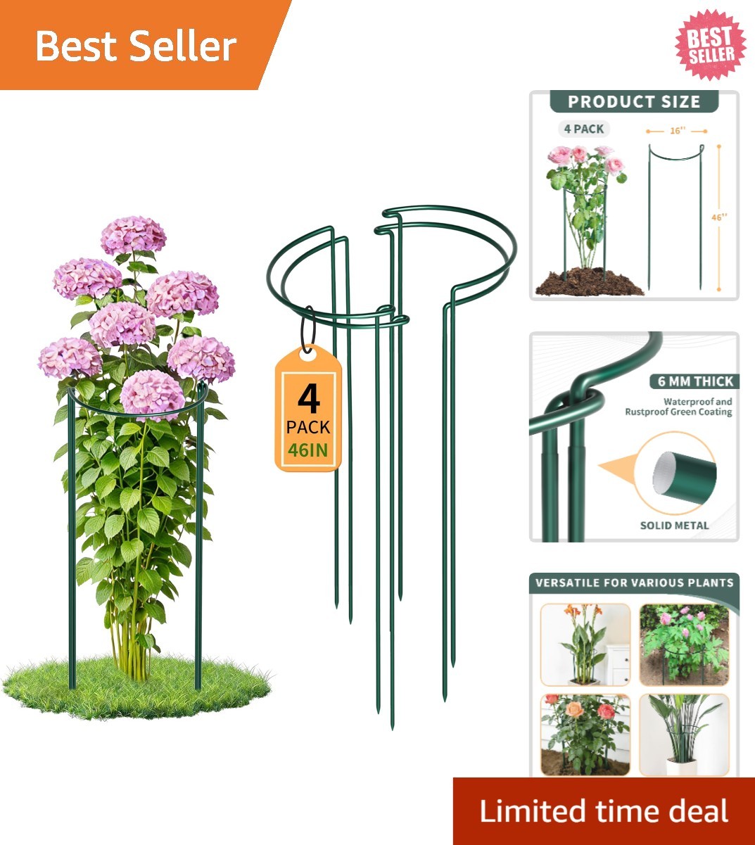 Rustproof 4 PCS Plant Supports – 16″Dx46″H for Tomatoes, Roses & Hydrangeas