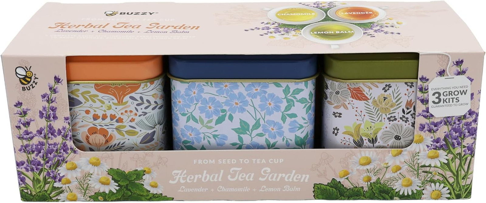 Seeds Herbal Tea Garden Grow Kit – 3 Square Tin Planters with Lavender, Chamomil