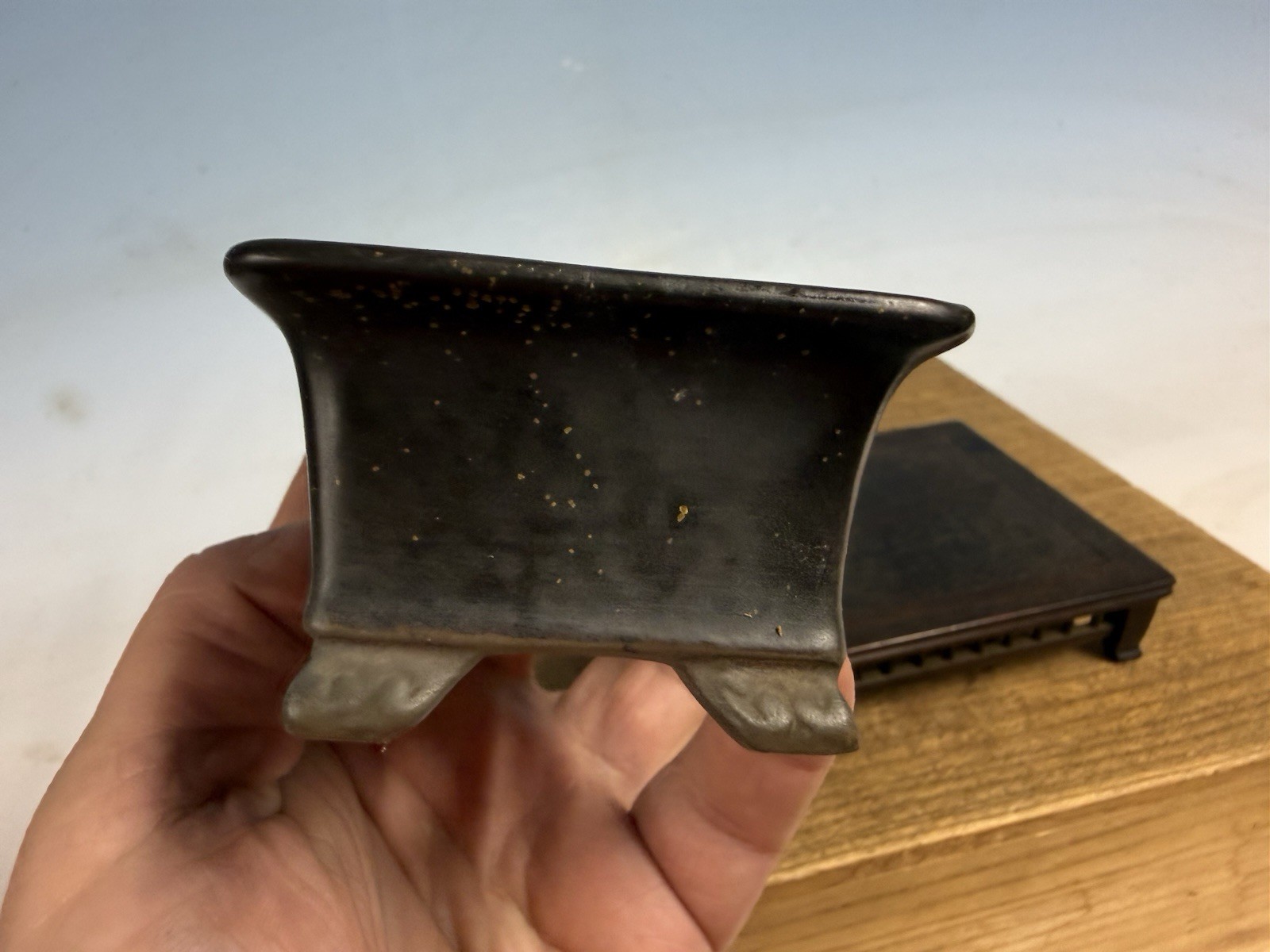 Japanese Unknown Maker Shohin Bonsai Tree Pot 3 7/8” Dark Blue Glazed