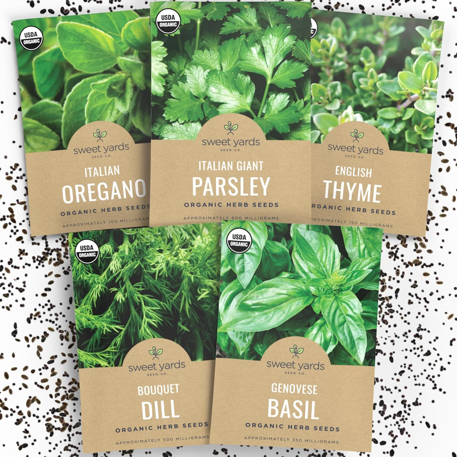 5 Pack Semillas de Hierbas Organicas Albahaca Oregano Eneldo Tomillo Perejil