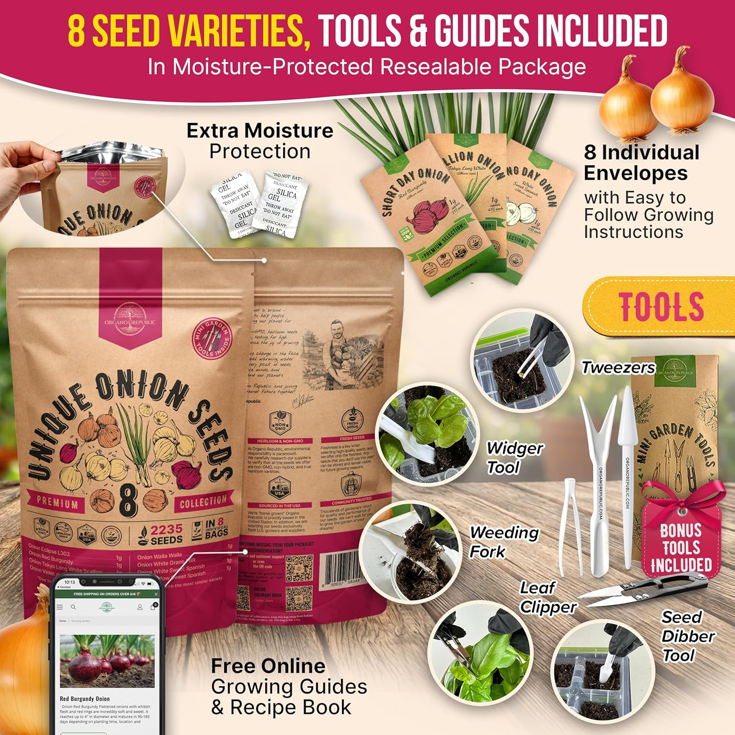 8 Onion Seeds Variety Pack Green, Red, White, Yellow