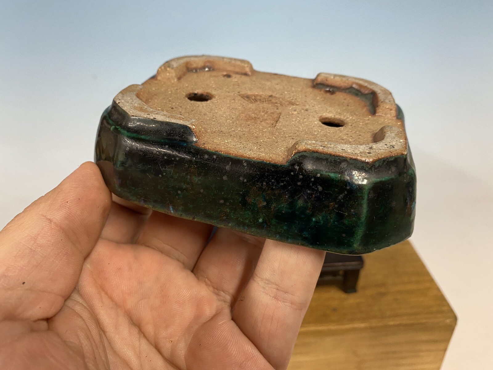 Green And Blue Glazed Shohin Size Tokoname Bonsai Tree Pot Made Koyo 4 3/8”