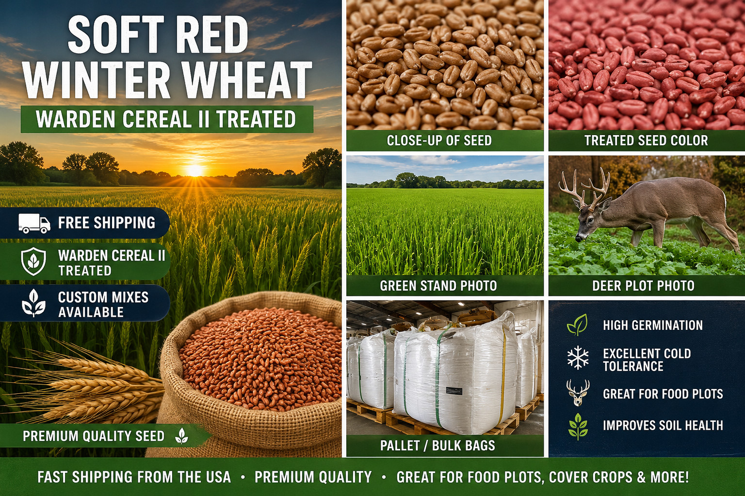 Soft Red Winter Wheat Seed 🌾 Food Plot / Cover Crop / Grain Seed – 1LB–50LB+
