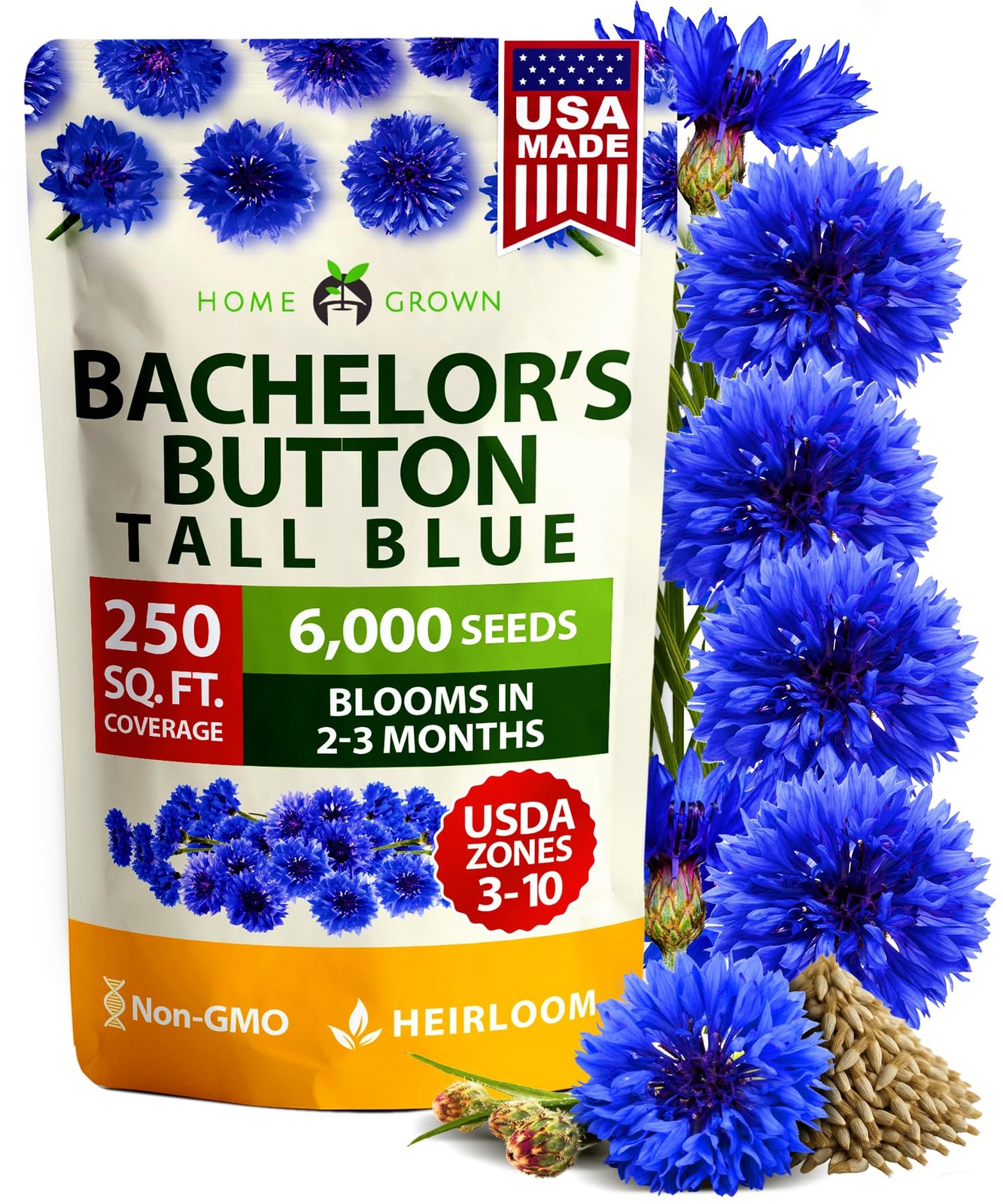 HOME GROWN Bachelor Button Seeds Tall Blue – 6000 Cornflower, 1-Pack, Green