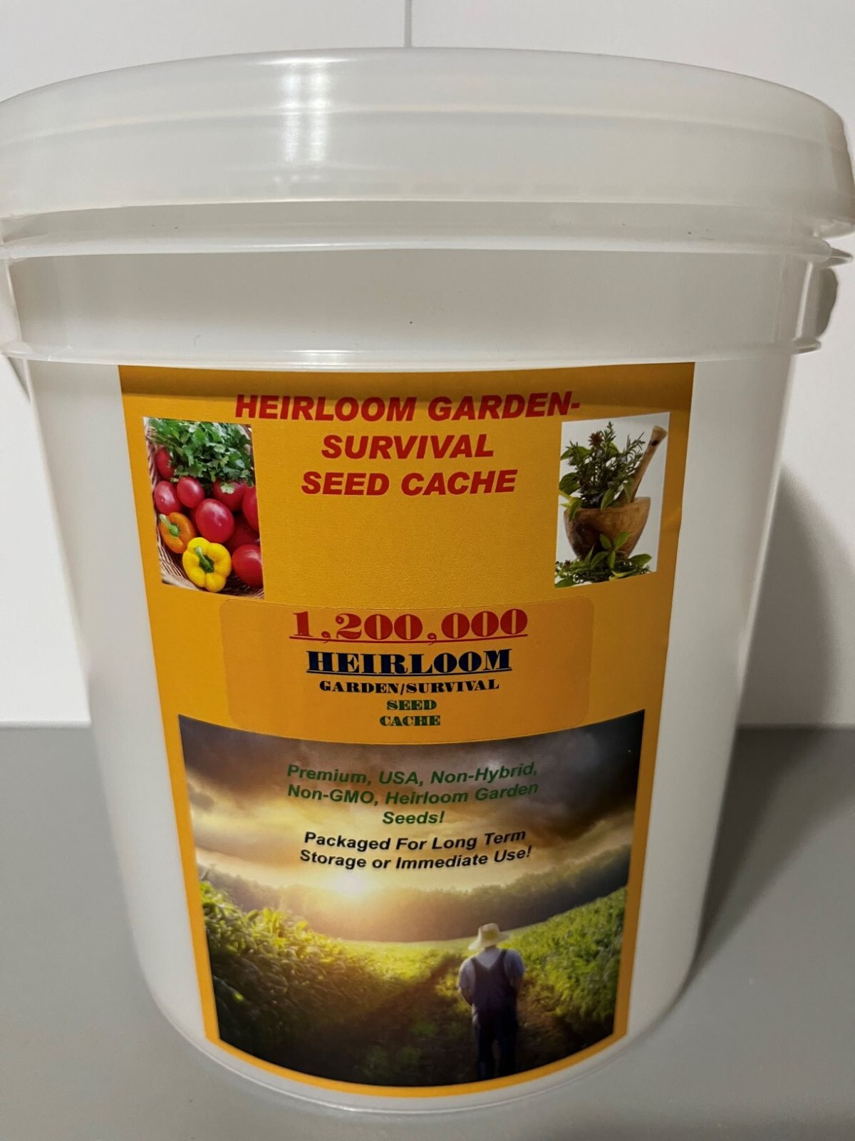 1,200,000 Seed Emergency/Survival Bucket NON-Hybrid , NON-GMO, Heirloom Seeds