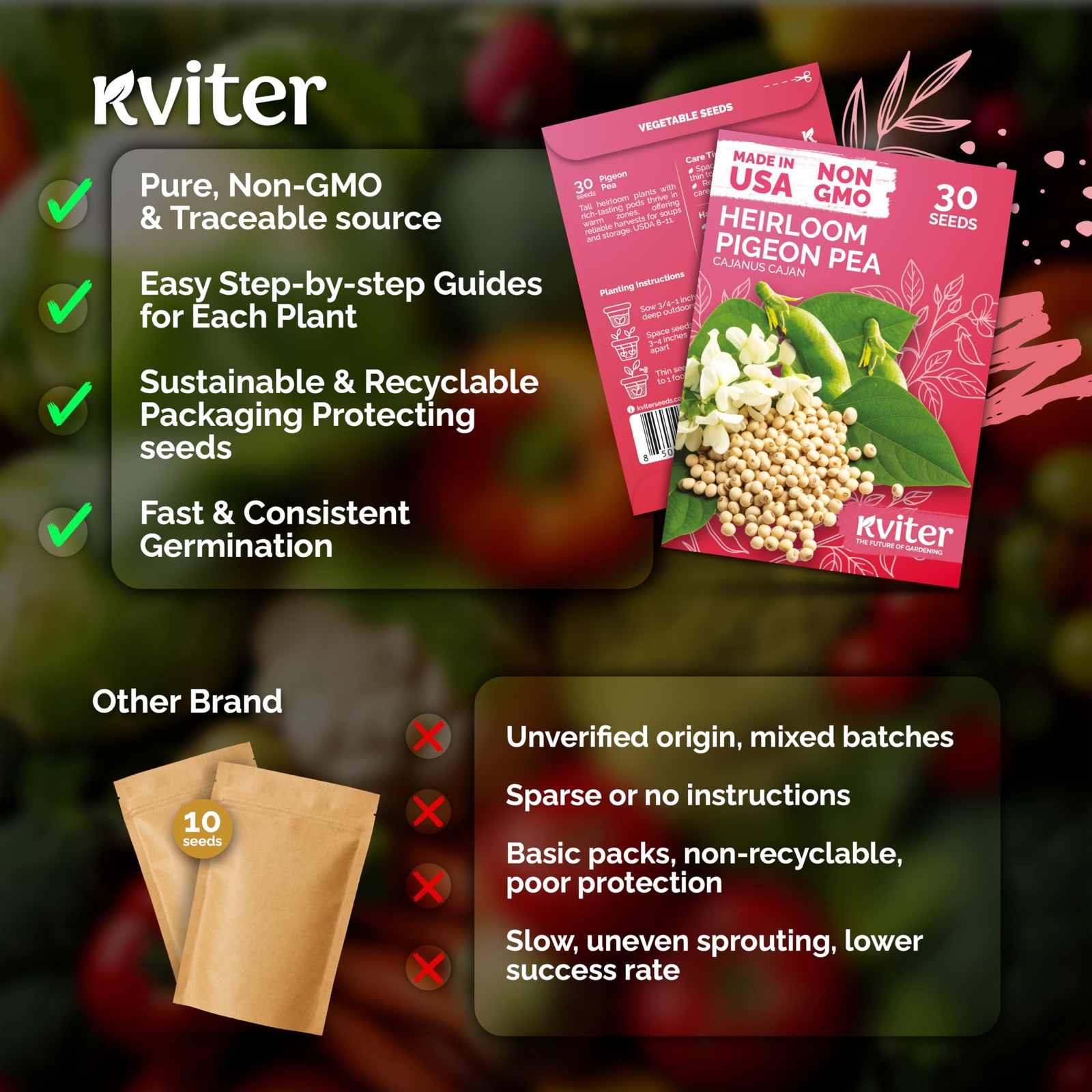 KVITER 30 Guandules Pigeon Peas Seeds for Planting (Cajanus Cajan)