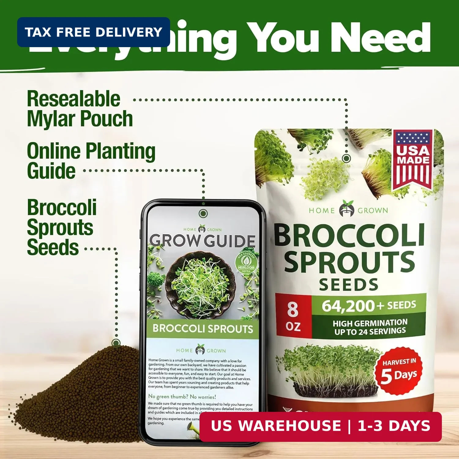 HOME GROWN Broccoli Seeds 8 oz Bulk Heirloom Non-GMO, High Germination, Sulforap