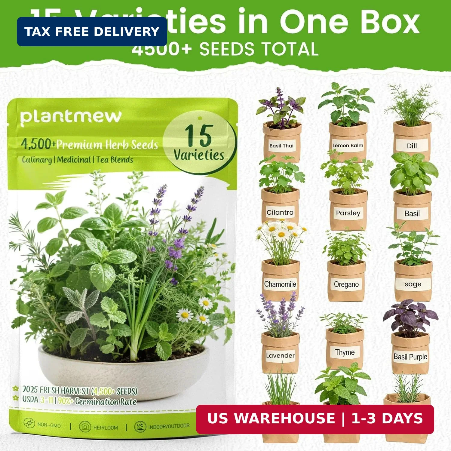 Herb Seeds 15-Pack – 4,500+ Non-GMO Heirloom Seeds for Planting – Indoor & Outdo