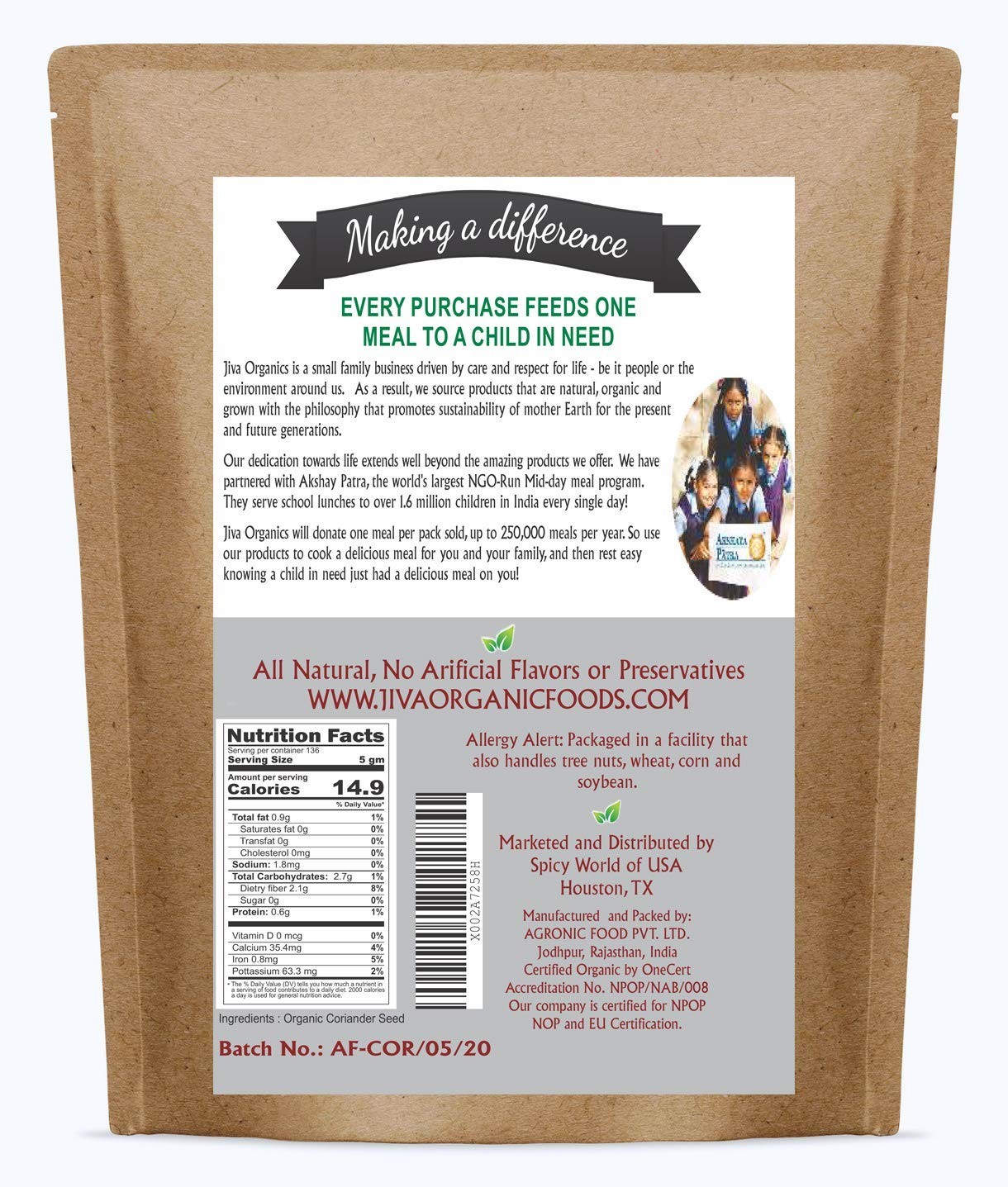 Organic Coriander Seeds Whole 1.25 lb Bulk – Non-GMO, Fresh Spices for Cooking