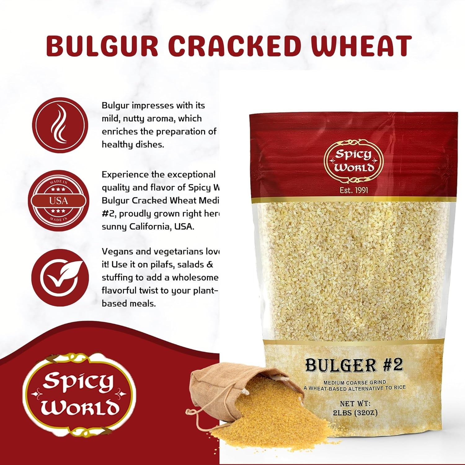 Bulgur Cracked Wheat Medium Coarse #2, 2 LB Bag (32oz) | 2 Pound (Pack of 1)
