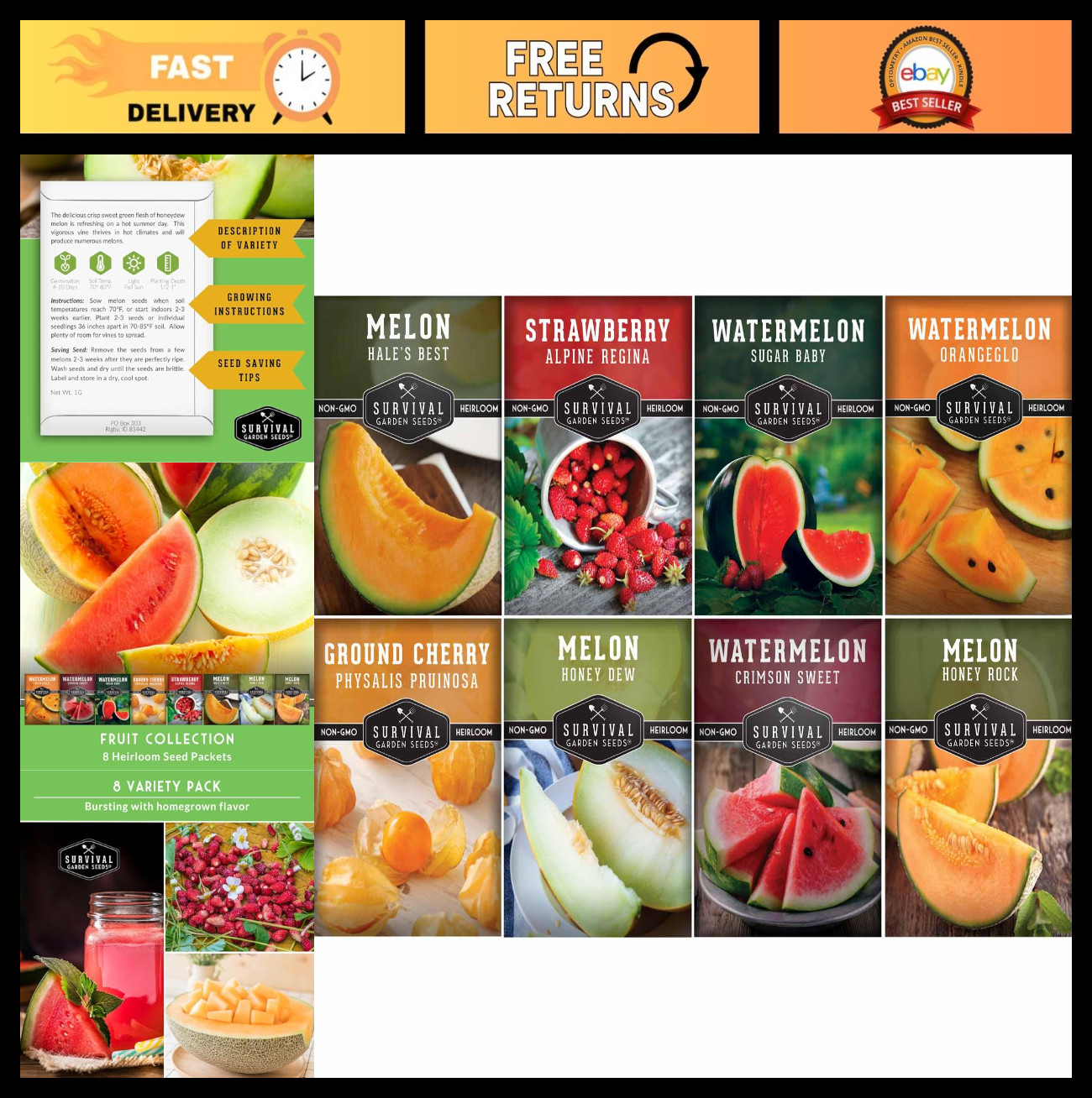 8 Variety Fruit Seeds Pack – Watermelon, Cantaloupe, Strawberry & More – Non-GMO