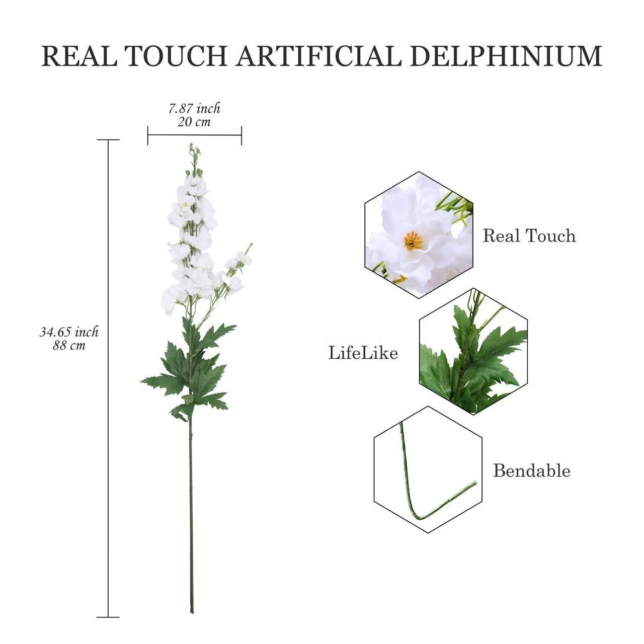 4Pcs White Delphinium Artificial Flowers, 33.46″ Real-Look Silk Stems for Decor.
