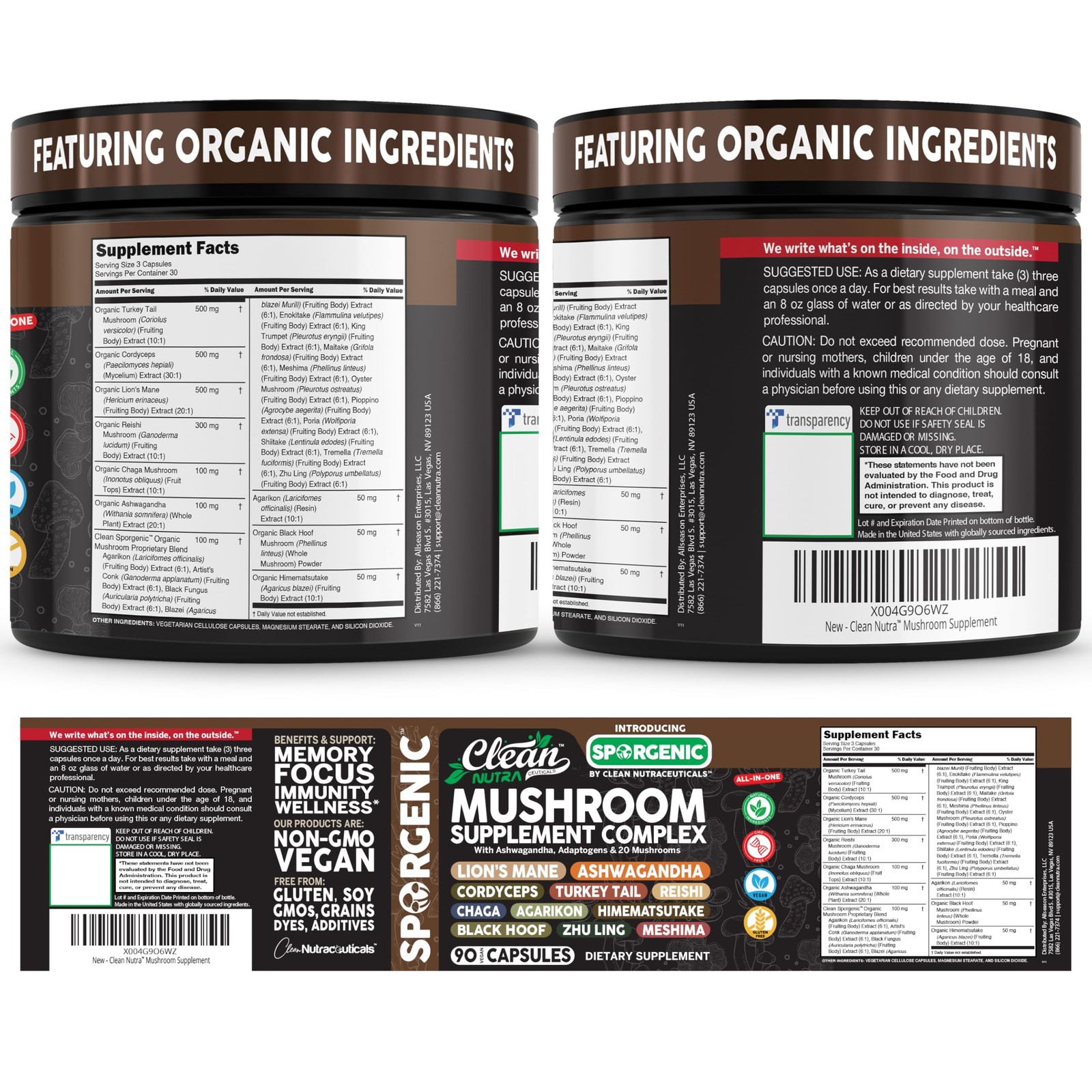 Organic Mushroom Supplement | Ashwagandha 90 Count (Pack of 1), Black/Brown