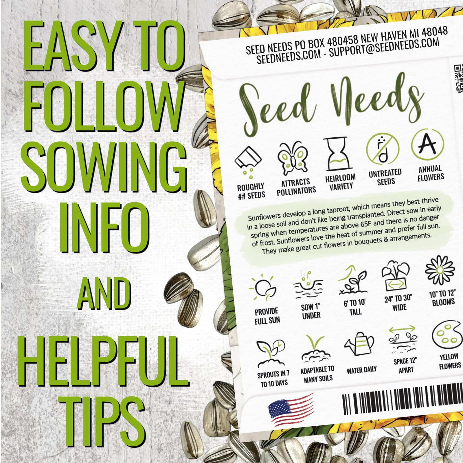 Seed Needs Sunflower Seeds to Plant 600+ Mammoth Grey 1.5 Ounce, Yellow