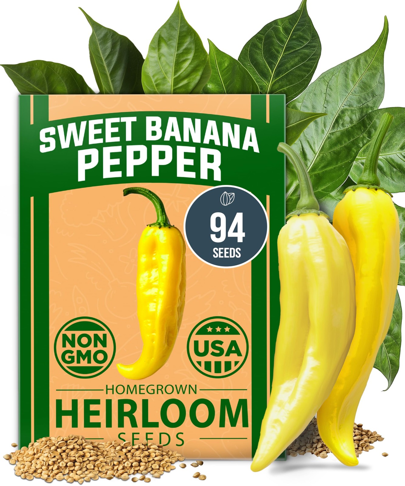 HOME GROWN Banana Pepper Seeds 94+ Heirloom Non GMO for 1-Pack, Green