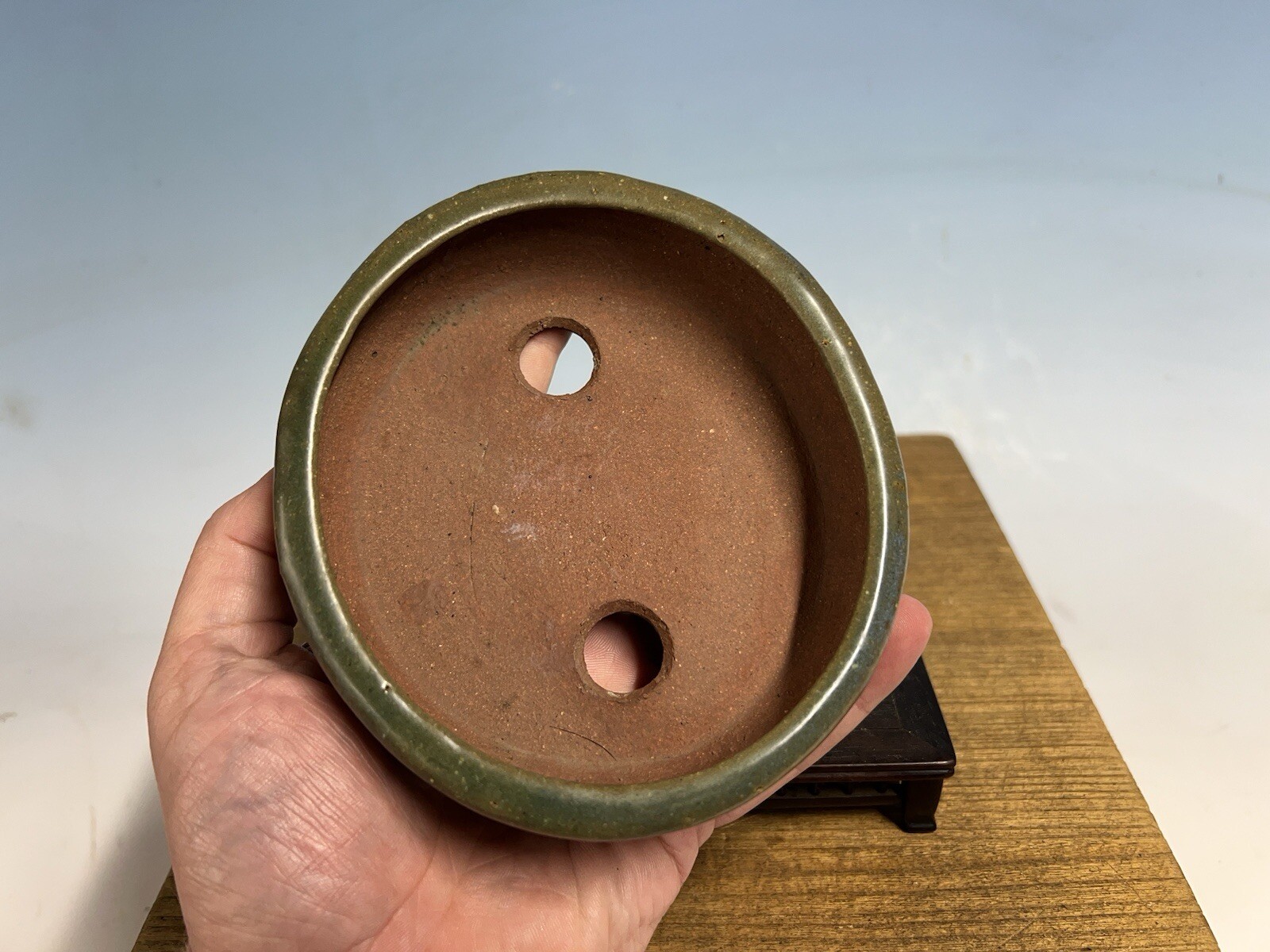 Green Blue Glazed Shohin Size Tokoname Bonsai Tree Pot Yozan 5 5/8” Great Patina