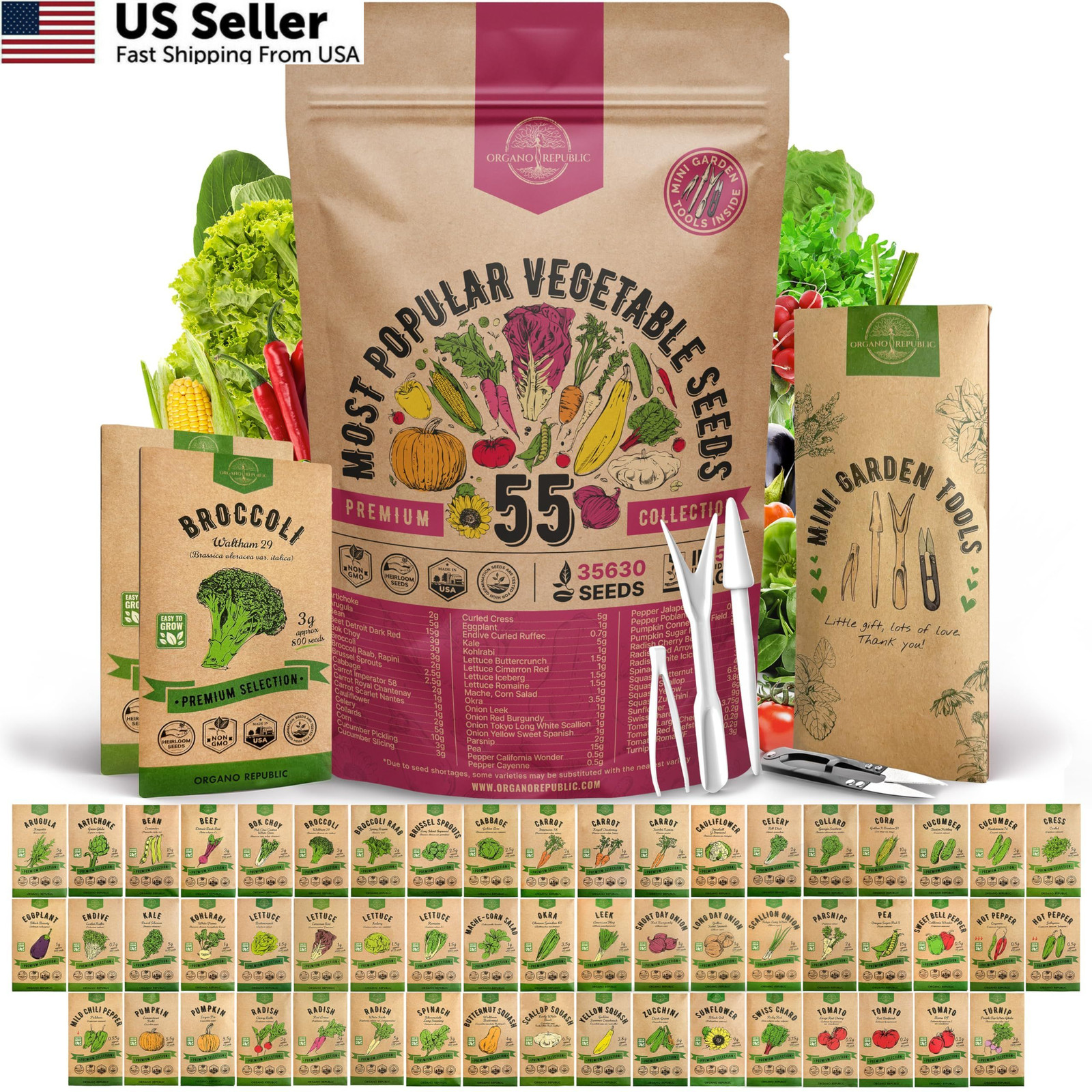 55 Vegetable Seeds Variety Pack – 35,600+ Non-GMO Green, Red, Purple, Yellow