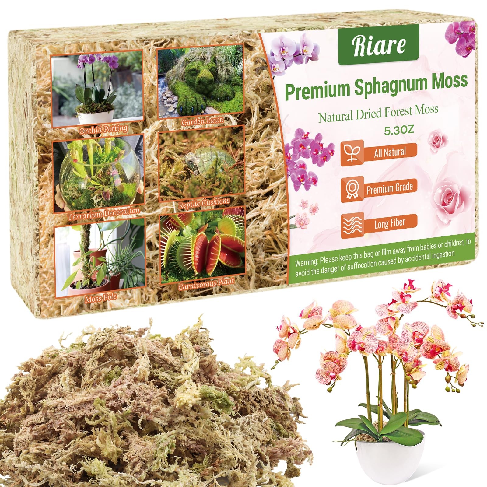Riare 5.3 OZ Premium Sphagnum Moss for Plants- 6QT Natural Long Fiber Sphagnum P