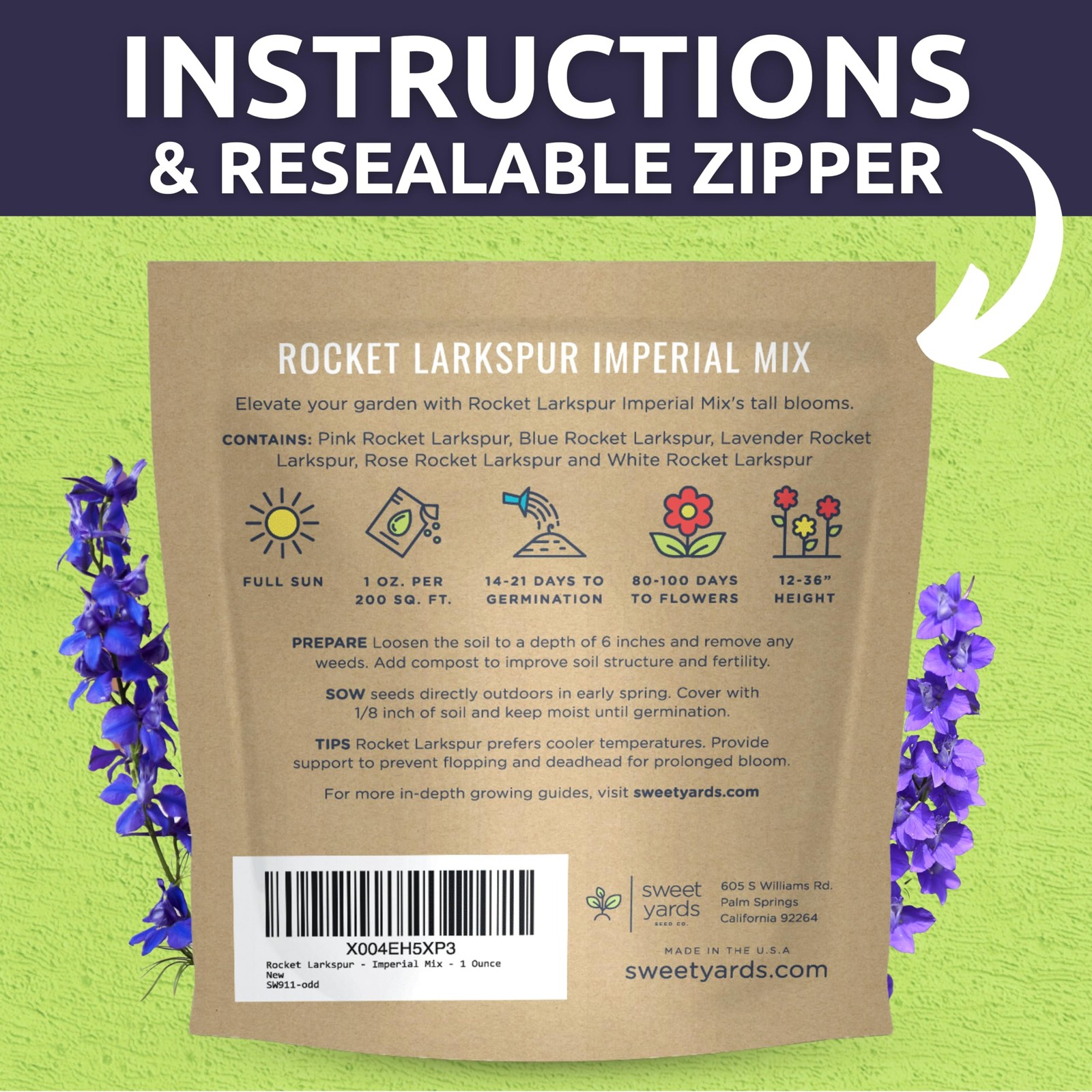 8000 PCS Rocket Larkspur Imperial Mix Large 1 Ounce Packet Flower Seeds USA
