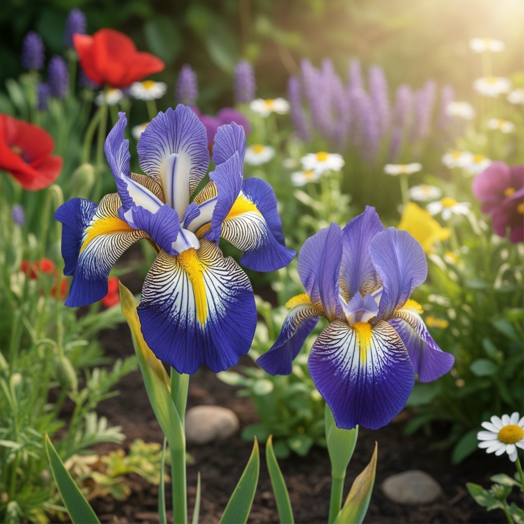 50 Bearded Iris Seeds – Blue White and Yellow Tricolor Blooms
