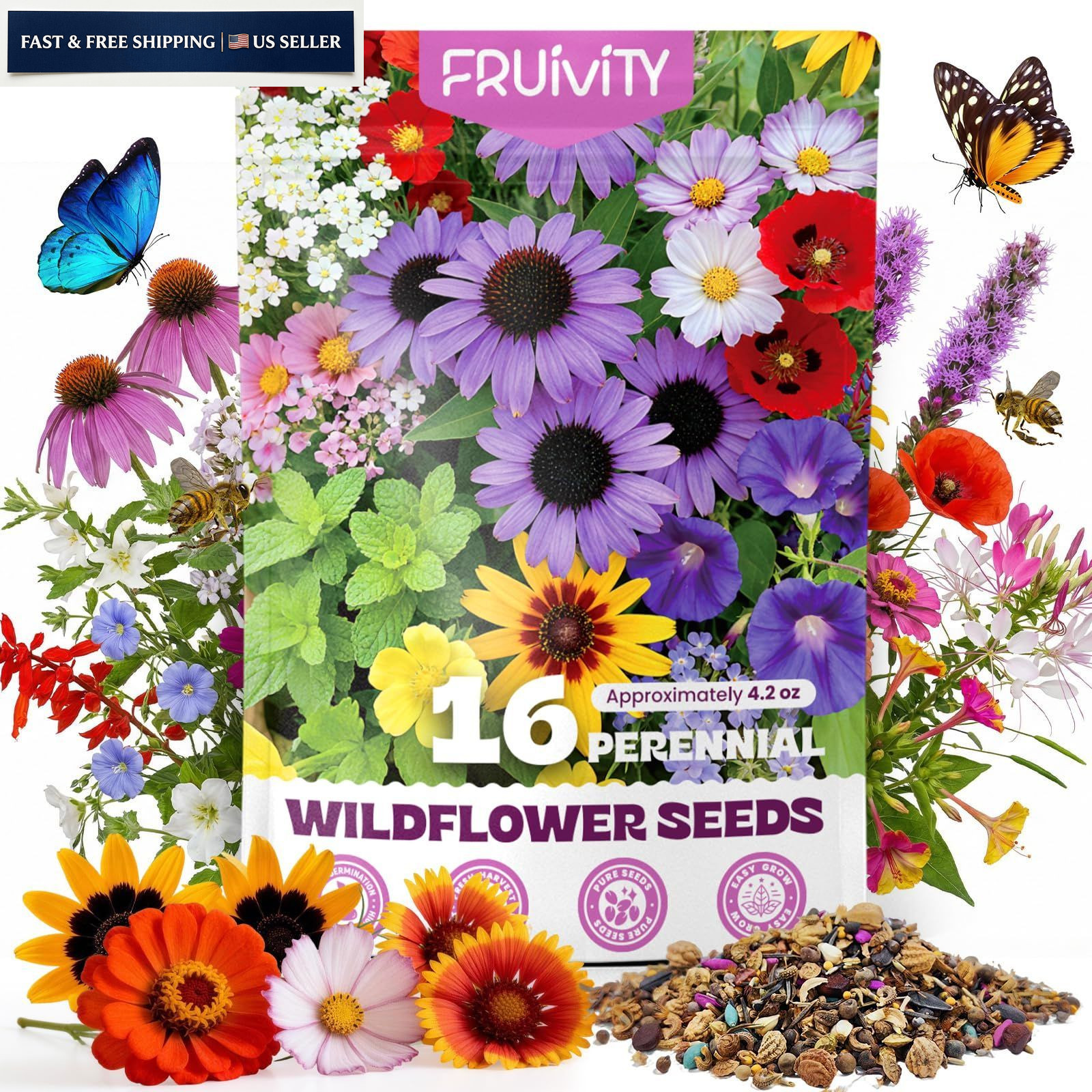 200,000+ Wildflower Seeds Bulk (4oz) – 16 16 Variety Perennial Mix, Colorful
