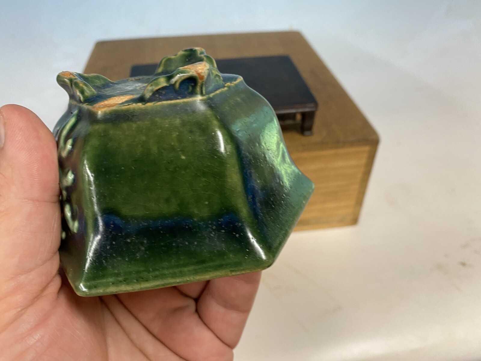 Beautiful Green And Blue Glazed Shohin Size Bonsai Tree Pot Heian Kosen 4 1/2”