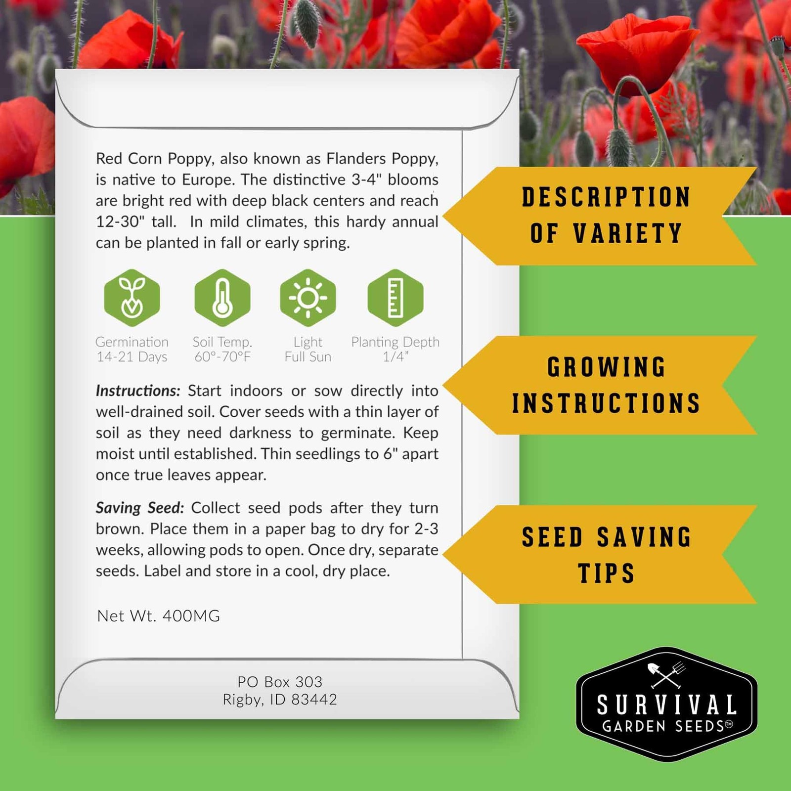 Poppy Seeds 4 Variety Pack Non-GMO Heirloom – Includes Red Corn Poppy