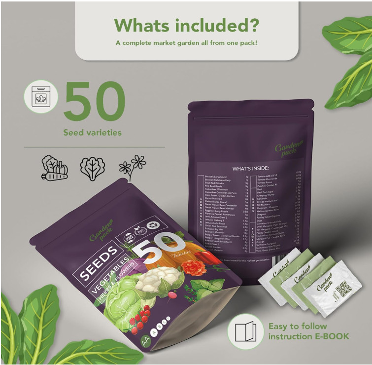 Garden Seeds Pack – 50 Varieties of Herb, Flower & Vegetable, 25,000 Non-GMO