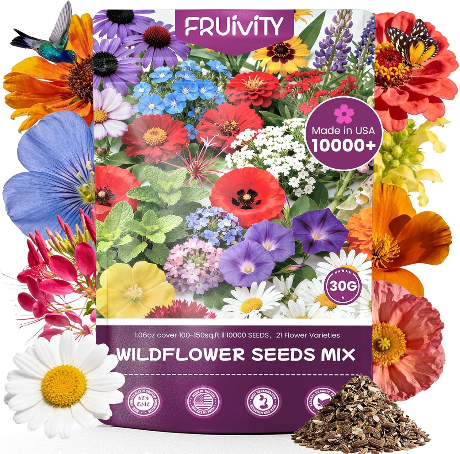 10000+ Wildflower Seeds Bulk – Butterfly & Hummingbird Mix – 21 Variety Non-GMO
