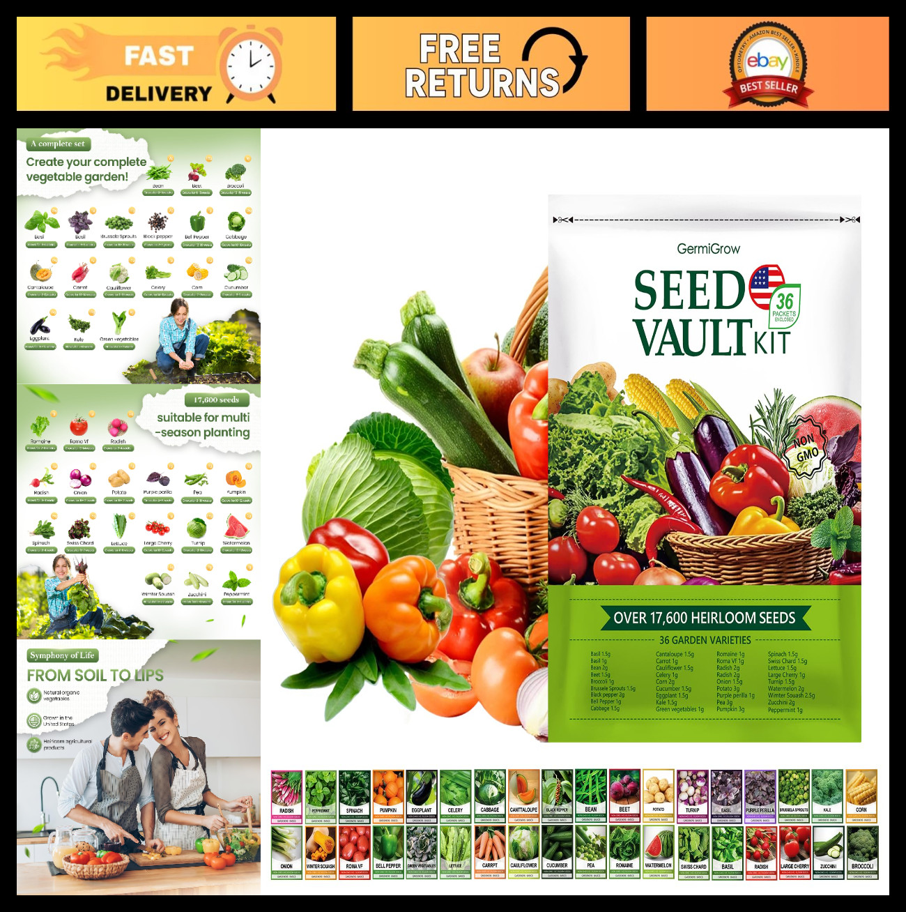 36 Vegetable Variety Pack – 17,600+ Non-GMO Heirloom Seeds for Indoor/Outdoor Ga
