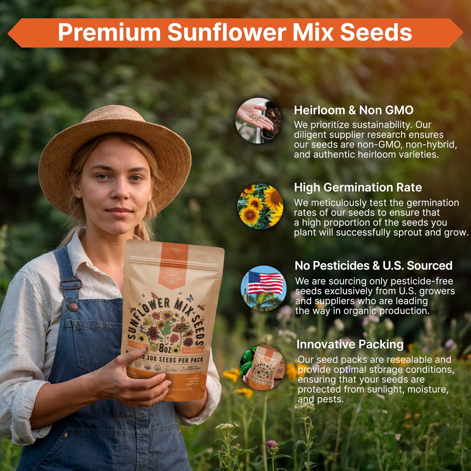 Sunflower Mix Seeds Pack 8 oz – Over 10,300 Non-GMO 8oz, Yellow, Black, White