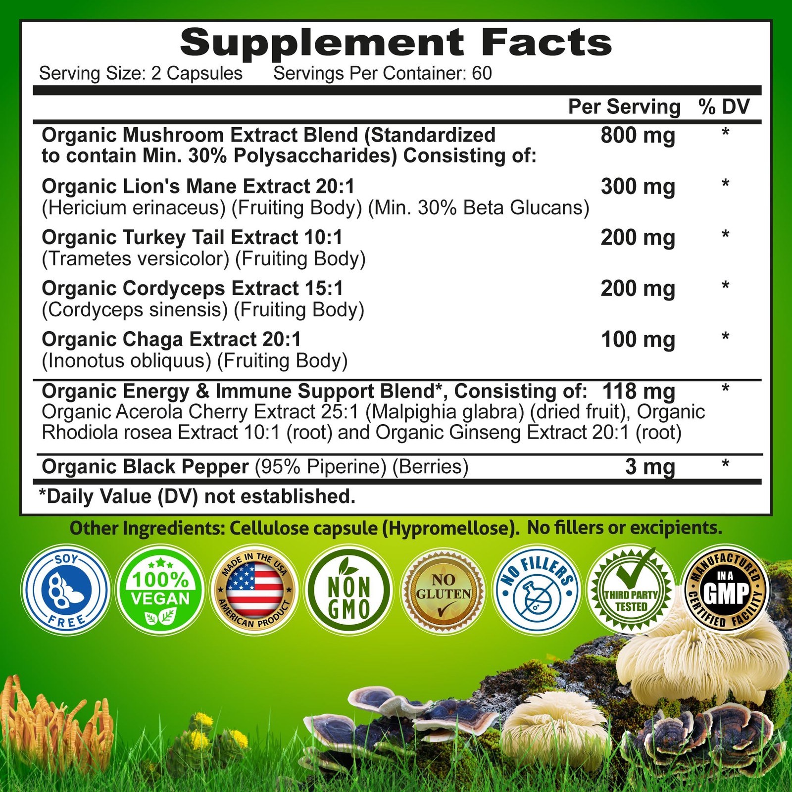 Organic Mushroom Complex: Lion’s Mane, Turkey Tail, 120 Count (Pack of 1)
