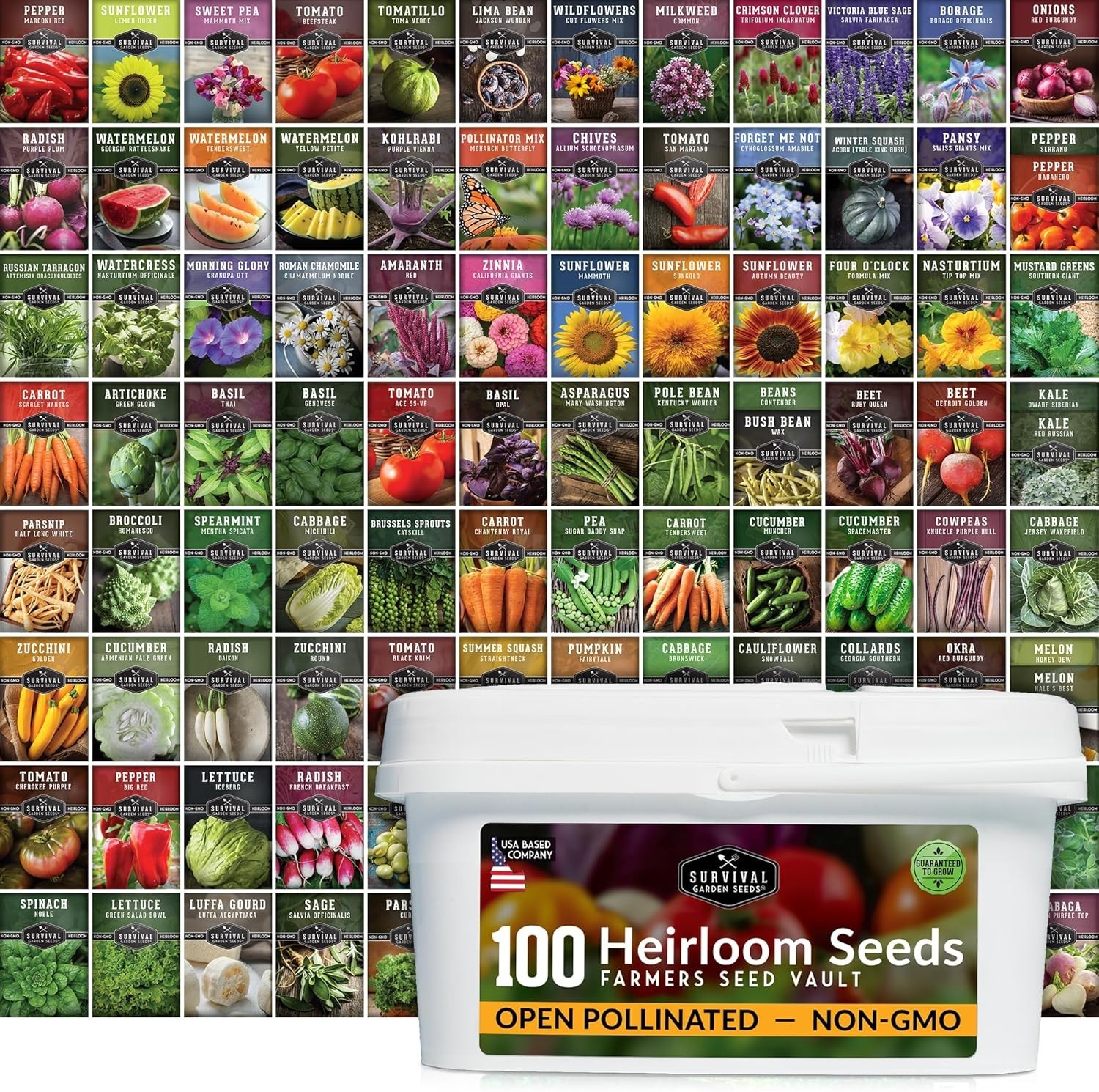 Survival Seed Kit 100 Pack – Non GMO Vegetables, Fruits, Herbs – Emergency Food