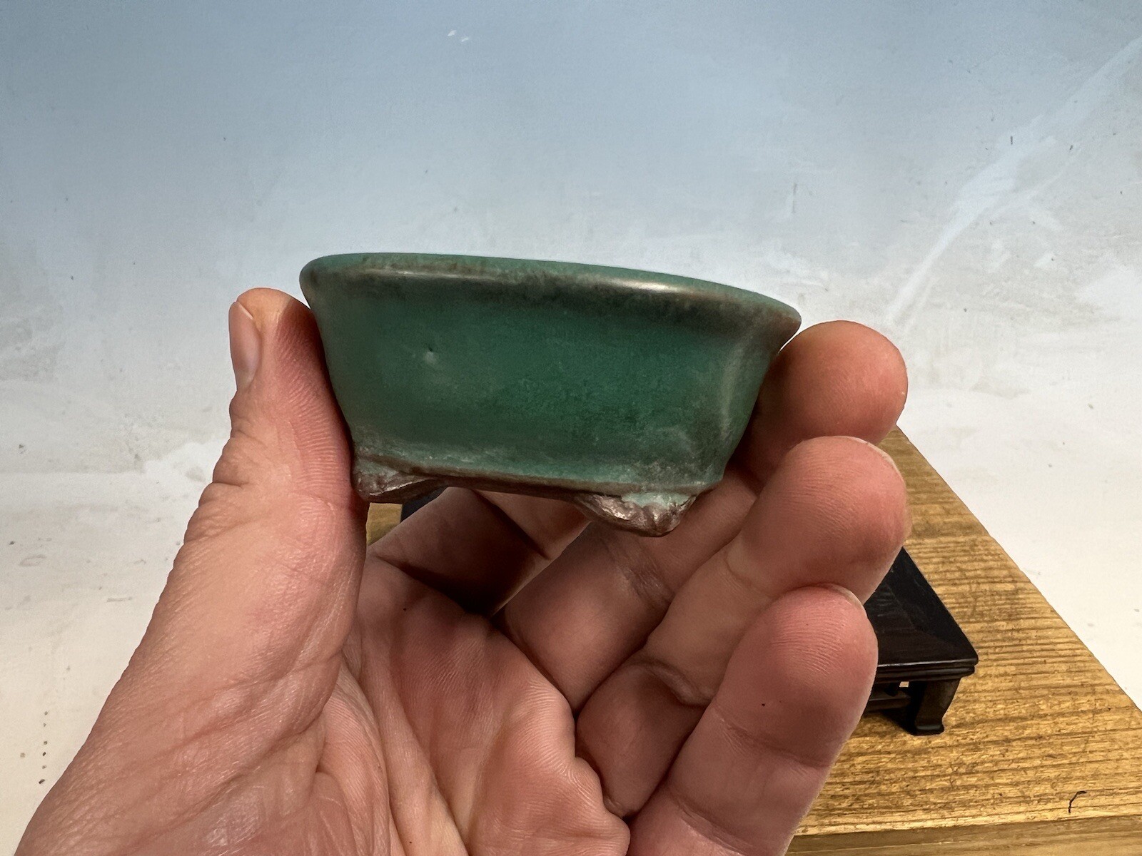 Blue Green Glazed Shohin Sized Bonsai Tree Pot Made By Tosui 2 1/2”
