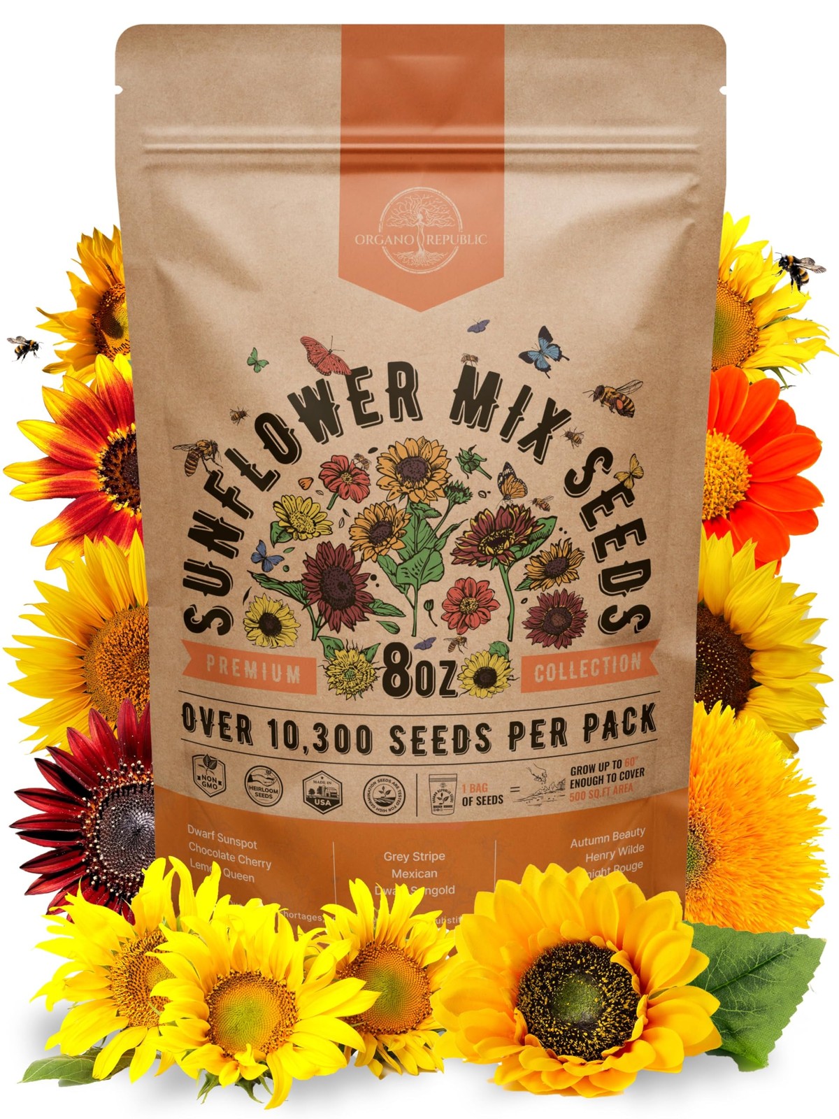 Sunflower Mix Seeds Pack 8 oz – Over 10,300 Non-GMO 8oz, Yellow, Black, White