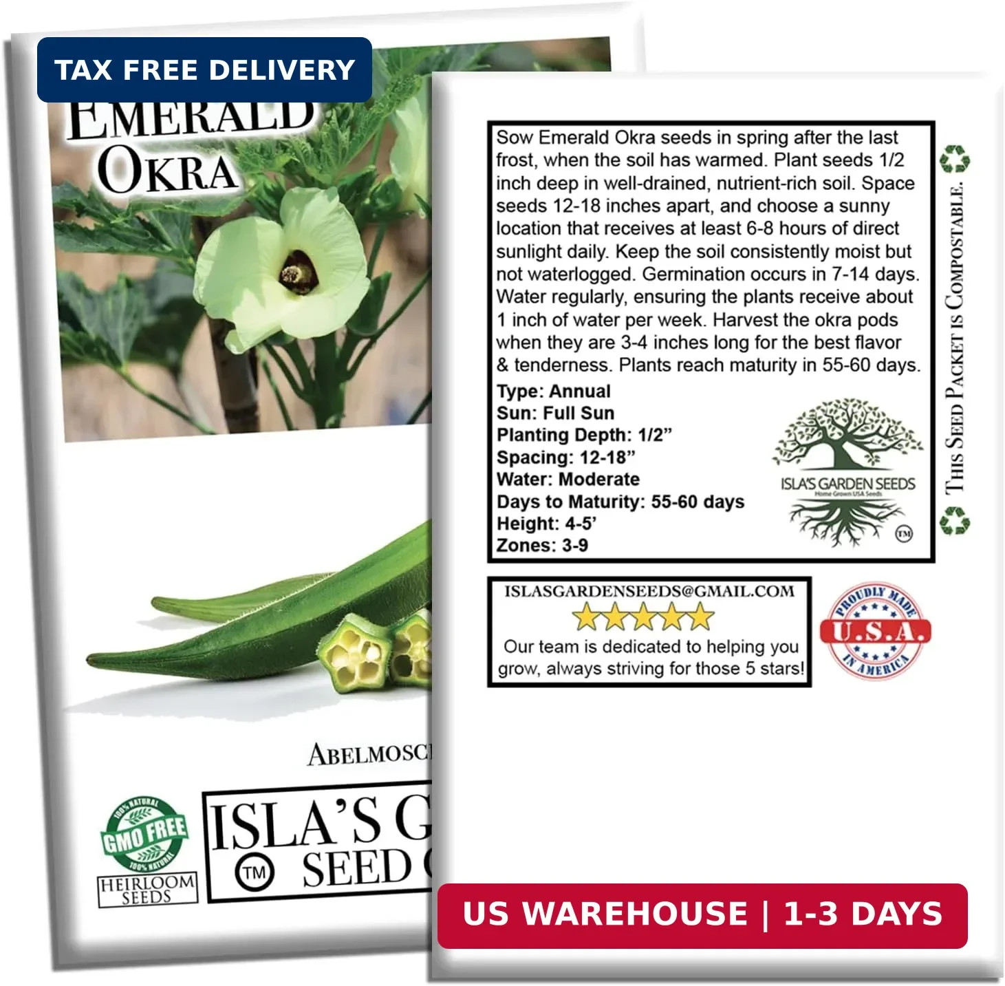 Emerald Okra Seeds for Planting (Abelmoschus esculentus) – 150+ Non-GMO & Heirlo