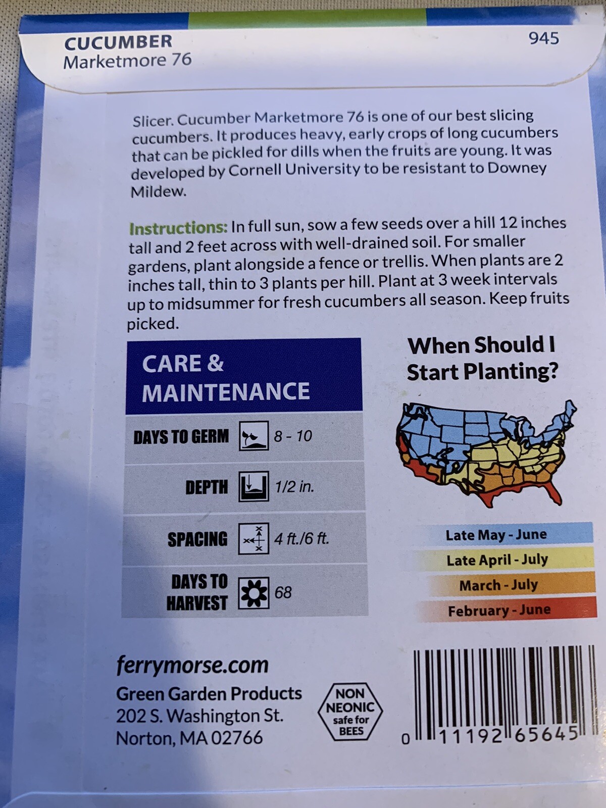 Ferry Morse Cucumber Marketmore 76 Vegetable Seeds Seed Packet Heirloom Non GMO