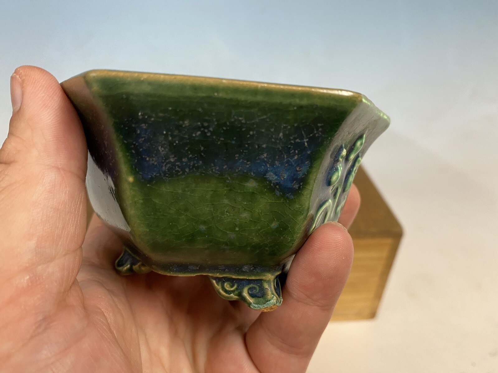 Beautiful Green And Blue Glazed Shohin Size Bonsai Tree Pot Heian Kosen 4 1/2”