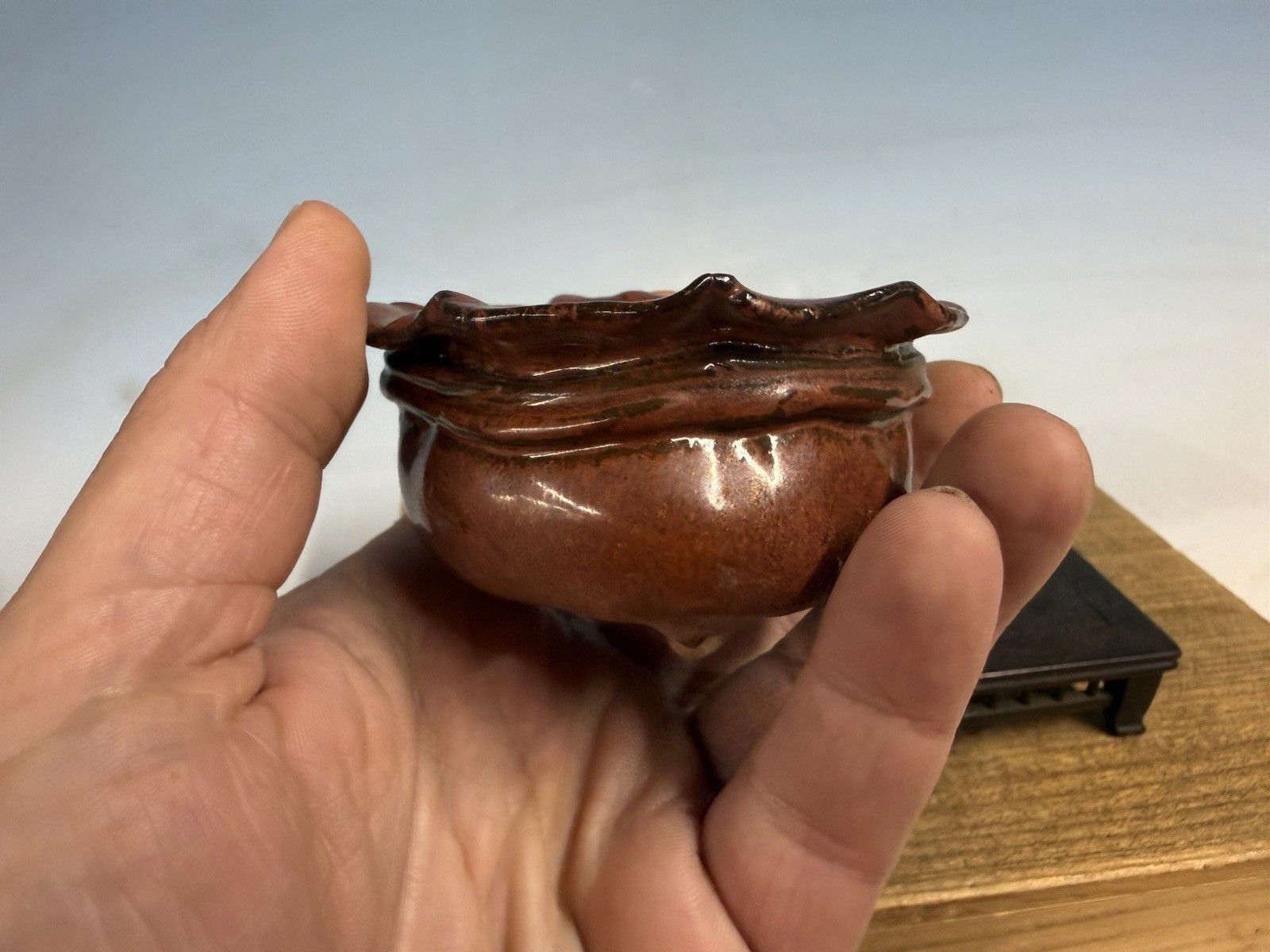Japanese Unknown Maker Shohin Bonsai Tree Pot 3 1/8 By 1 3/4” Red Basket Glaze