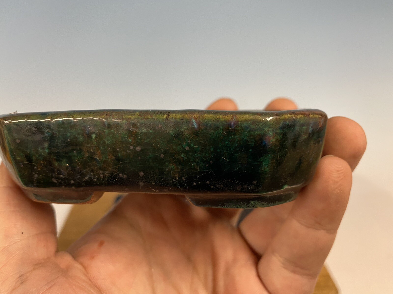 Green And Blue Glazed Shohin Size Tokoname Bonsai Tree Pot Made Koyo 4 3/8”