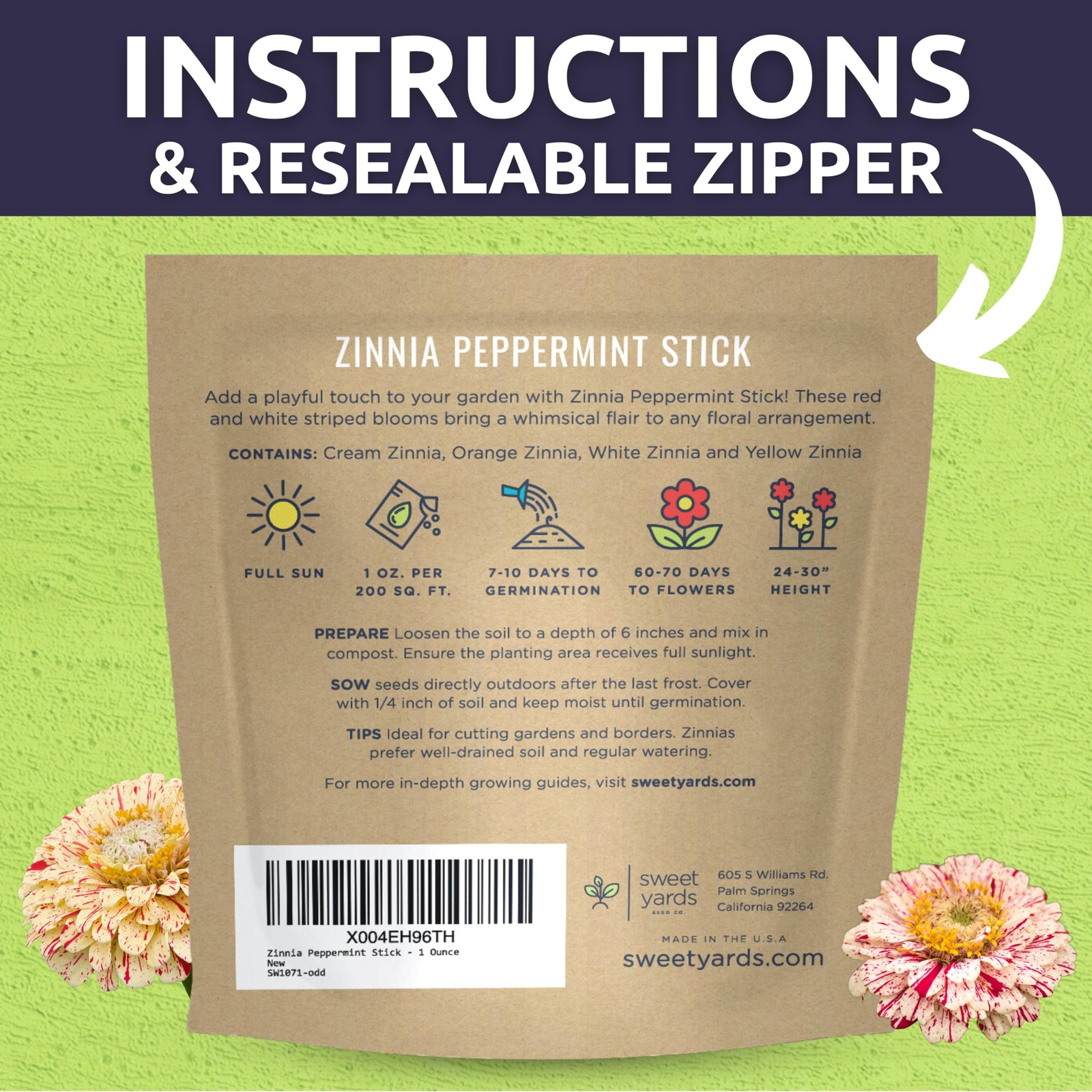 Zinnia Peppermint Stick – Large 1 Ounce Packet – 4,000 Flower Seeds for Plant…