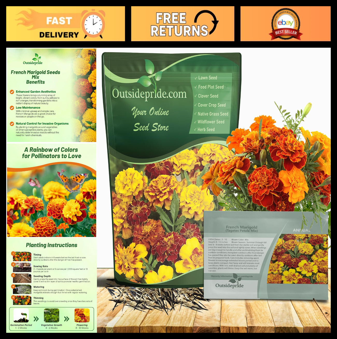 French Marigold Seeds Mix – 1 Lb, Annual Flower Seeds, Heat & Drought Tolerant,