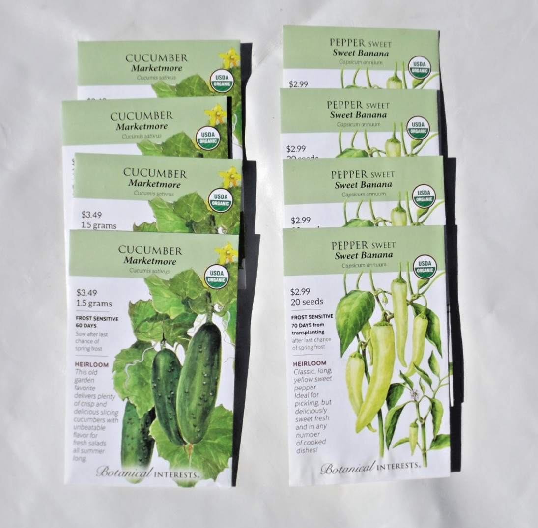 Lot #5 8 Botanical Interests seeds, Organic Banana Pepper, Cucumber