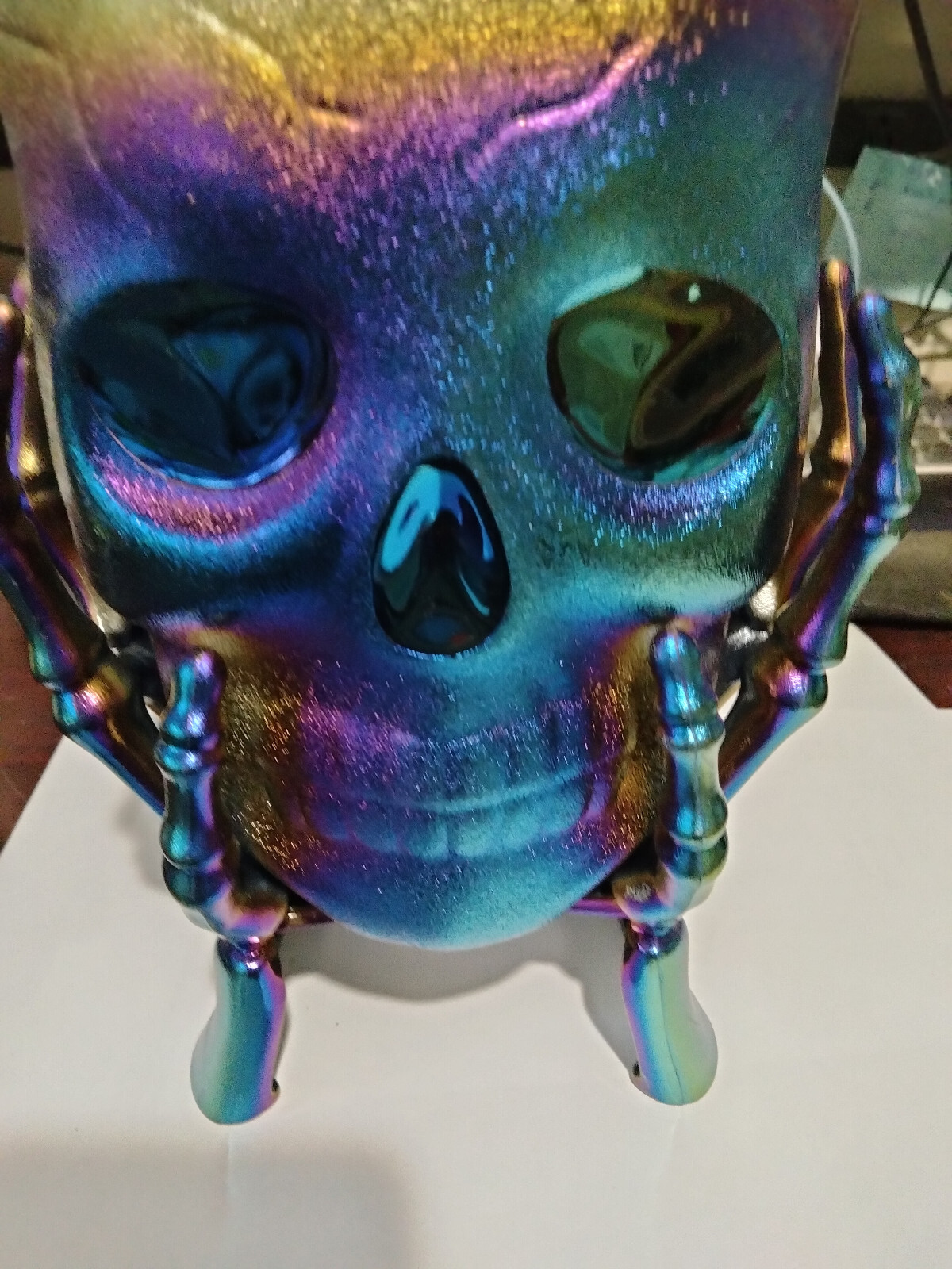 SKULL PLANTER PURPLE, GOLD, BLUE, GREEN, YELLOW HUED PRISM. 6X6X7 APPROX- NEW #2
