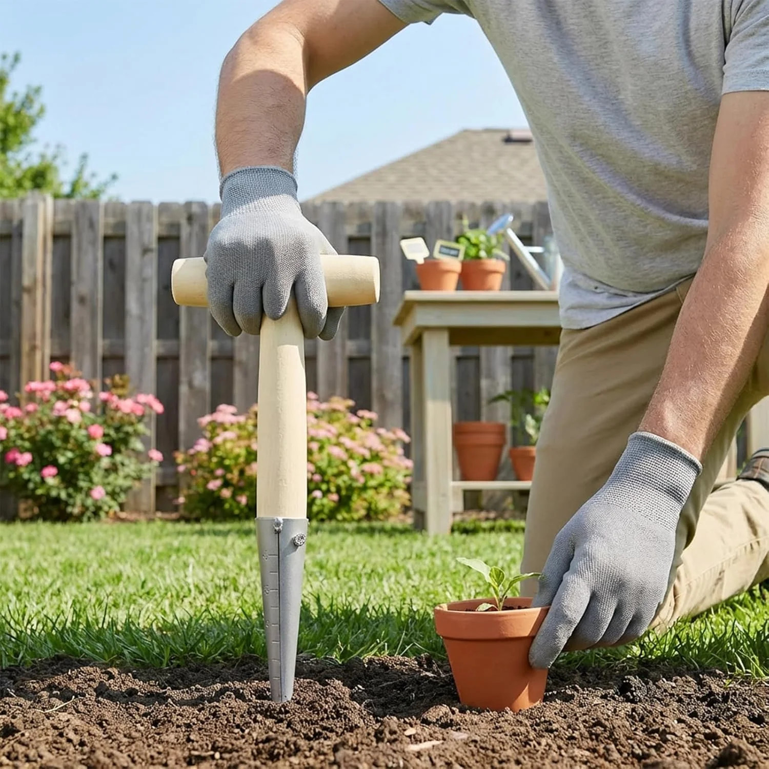 T-Shaped Garden Seed Dibber with Depth Measurements – Stainless Steel Bulb Plant