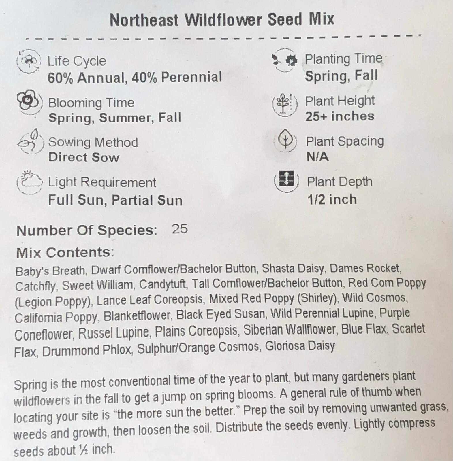 Wildflower Mix NORTHEAST Regional 25 Species Non-GMO w/Perennials USA 500 Seeds