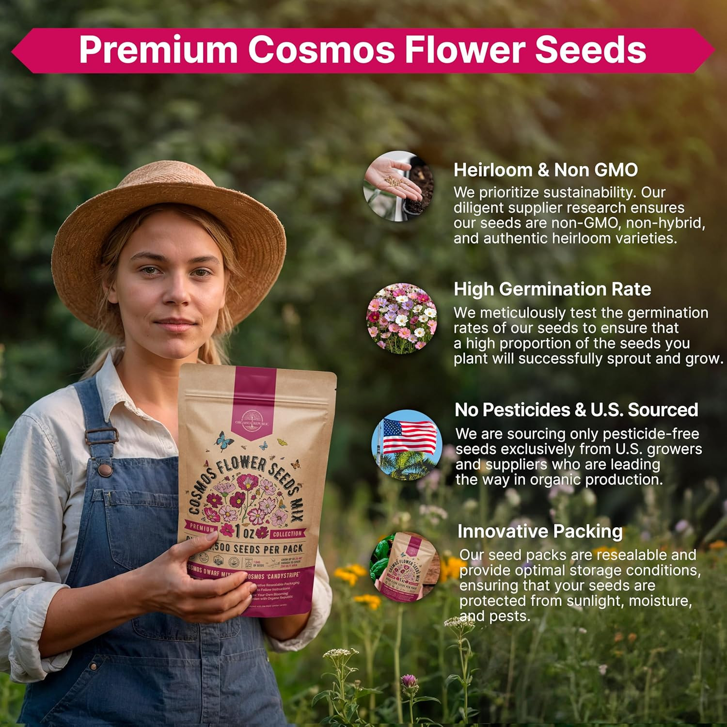 Cosmos Flower Seeds Pack 1 Oz – 4,500 Non-Gmo Heirloom Annual Seeds for Planting