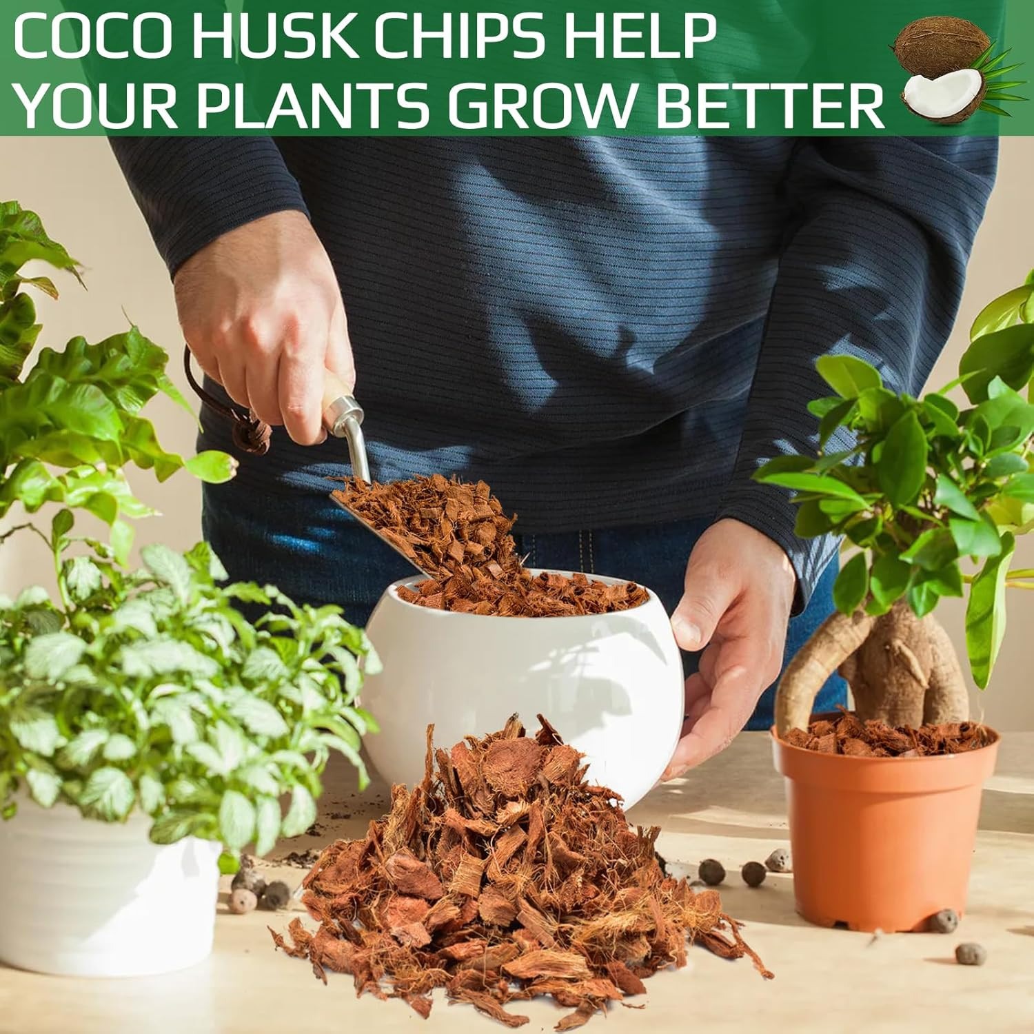 Halatool 10 Pcs Coco Husk Chips for Plants – 11 LB 100% Organic Coconut Coir Chi