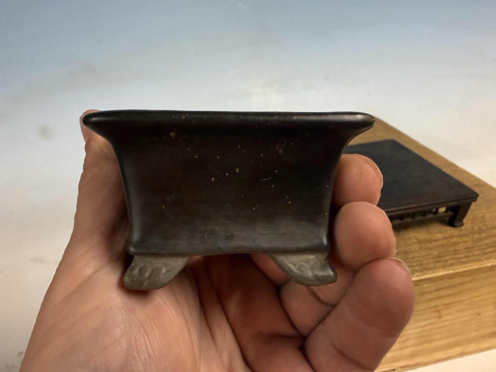 Japanese Unknown Maker Shohin Bonsai Tree Pot 3 7/8” Dark Blue Glazed