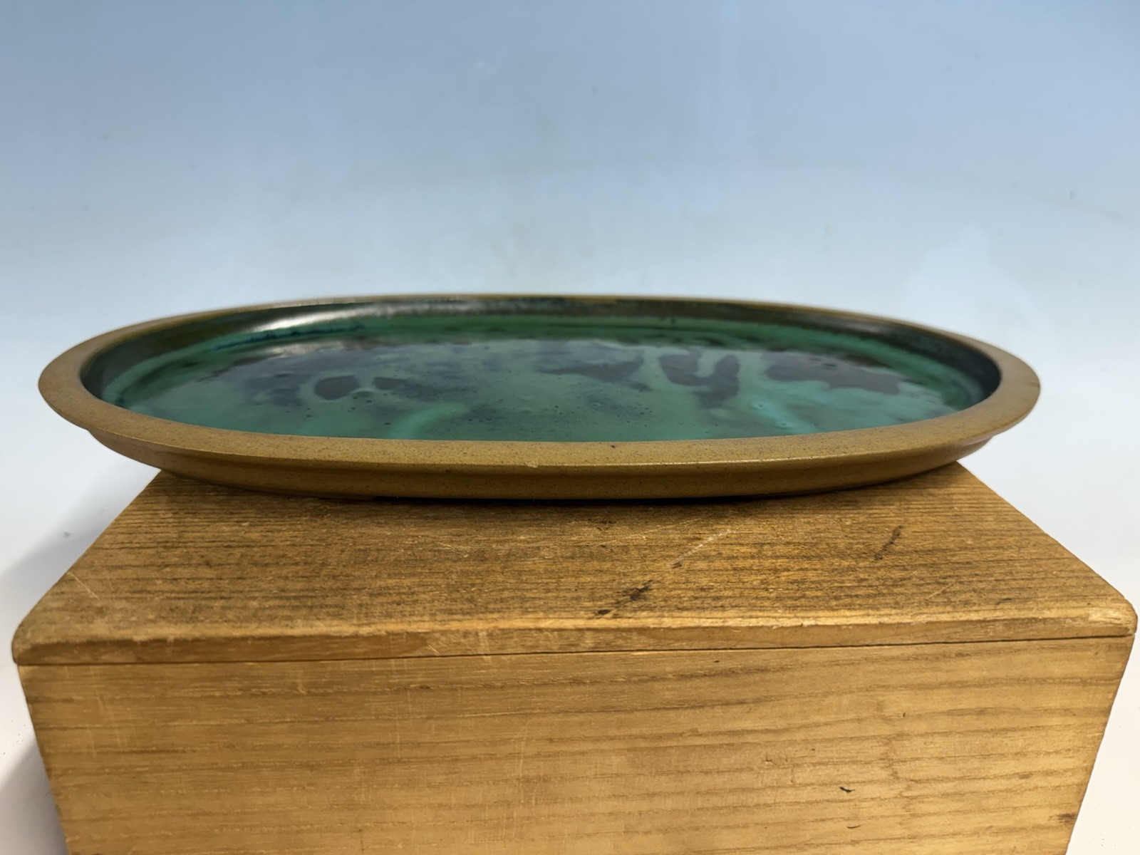 Green Blue Suiban For Suiseki Bonsai Tree Pot 14 1/4” By Maruhei Rare One!